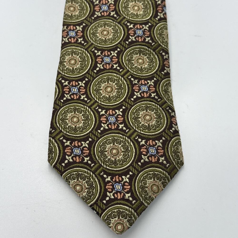 Ike Behar Silk Tie 62x3.5" Olive Green Floral Medallion Embroider Retro Classic